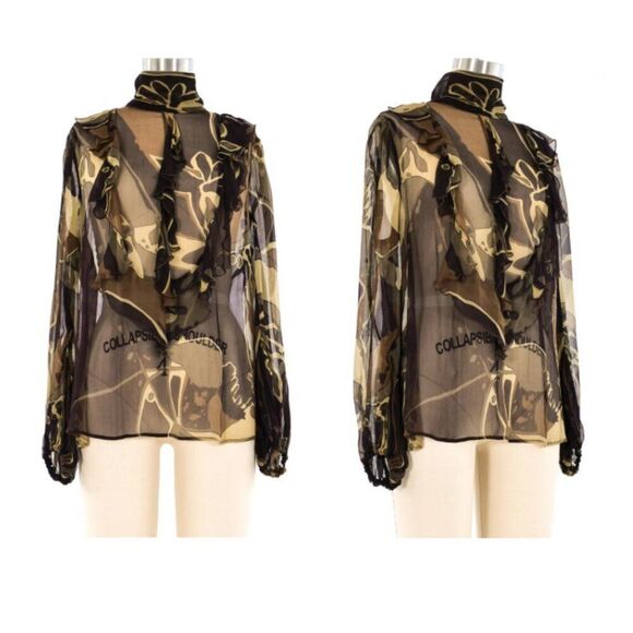 Escada Olive Multicolour 100% Silk Ruffle Blouse - EU 34 - Picture 6 of 16